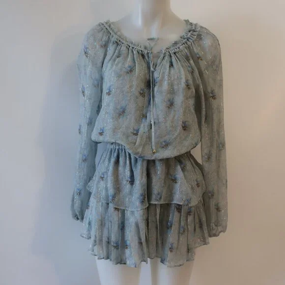 Womens LoveShackFancy Pale Blue Metallic Gold Silk Floral Mini Popover Dress XS - Picture 8 of 15